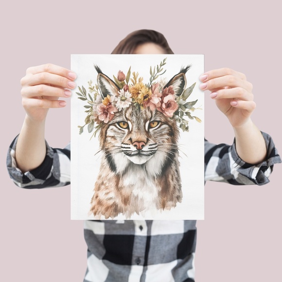 Watercolor Floral Lynx Portrait Wall Art Illustration Print Poster Unframed - Picture 5 of 9